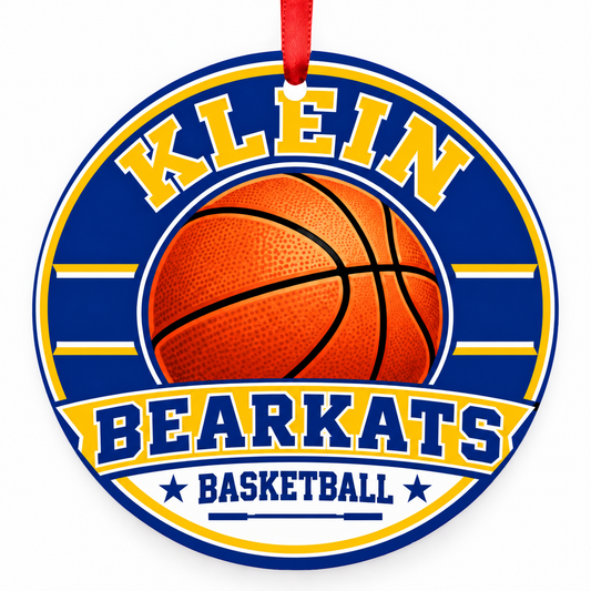 Klein High School Bearkats basketball Christmas ornament in blue and gold with red ribbon, Klein, Texas