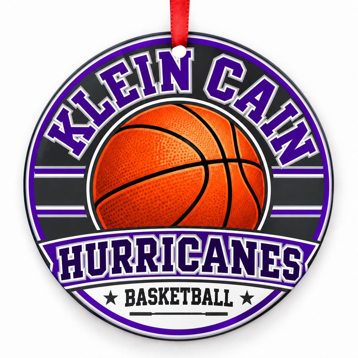 Klein Cain High School Hurricanes basketball Christmas ornament in purple, silver, gray and white with red ribbon, Klein, Texas
