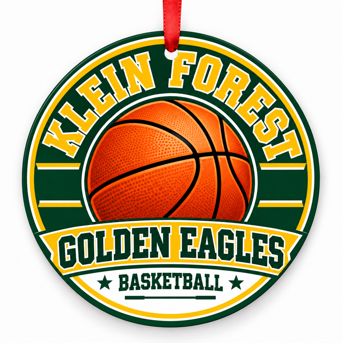 Klein Forest High School Golden Eagles basketball Christmas ornament in green and gold with red ribbon, Klein, TX