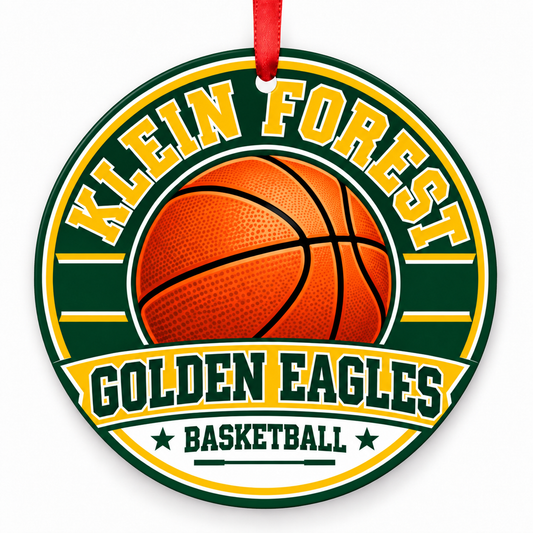 Klein Forest High School Golden Eagles basketball Christmas ornament in green and gold with red ribbon, Klein, TX