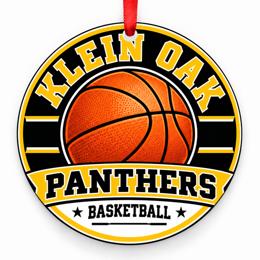 Klein Oak High School Panthers basketball Christmas ornament in black and gold with red ribbon, Klein, Texas