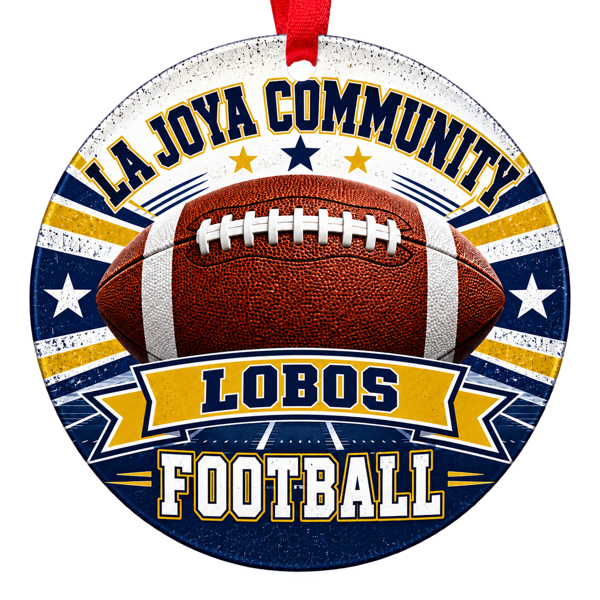 La Joya Community High School Lobos football Christmas ornament in navy blue and Vegas gold, Avondale, Arizona