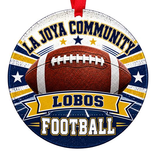 La Joya Community High School Lobos football Christmas ornament in navy blue and Vegas gold, Avondale, Arizona