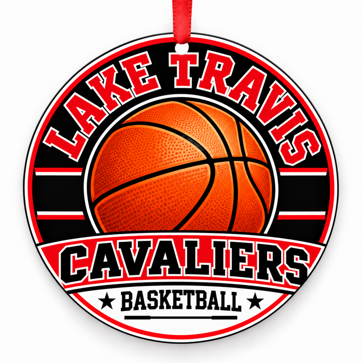Lake Travis High School Cavaliers basketball Christmas ornament in red and black with red ribbon, Austin, Texas