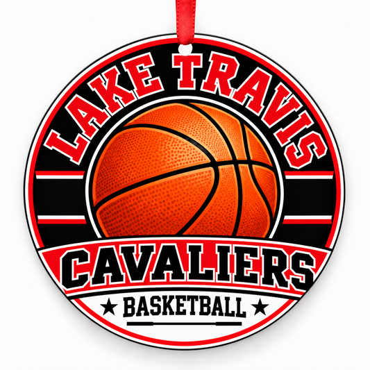 Lake Travis High School Cavaliers basketball Christmas ornament in red and black with red ribbon, Austin, Texas