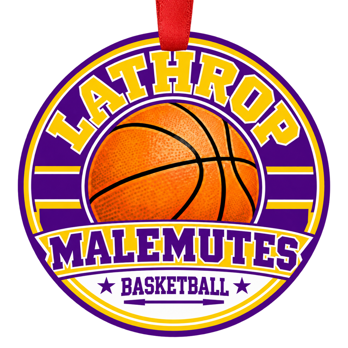 Lathrop High School Malemutes basketball Christmas ornament in Purple, Gold with red ribbon, Classic design