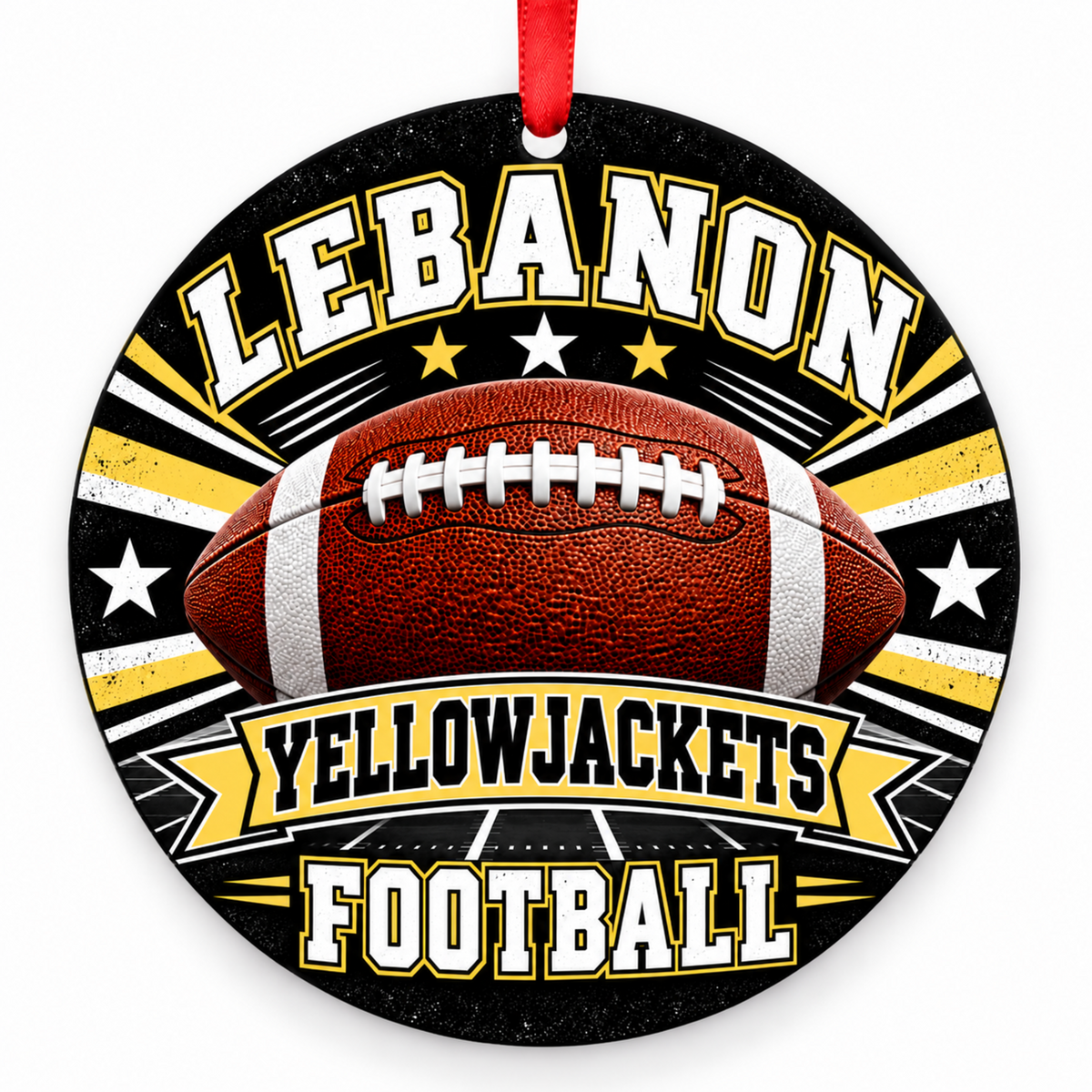 Lebanon Senior High School Yellowjackets Classic Football Christmas ornament in black, gold and white with red ribbon