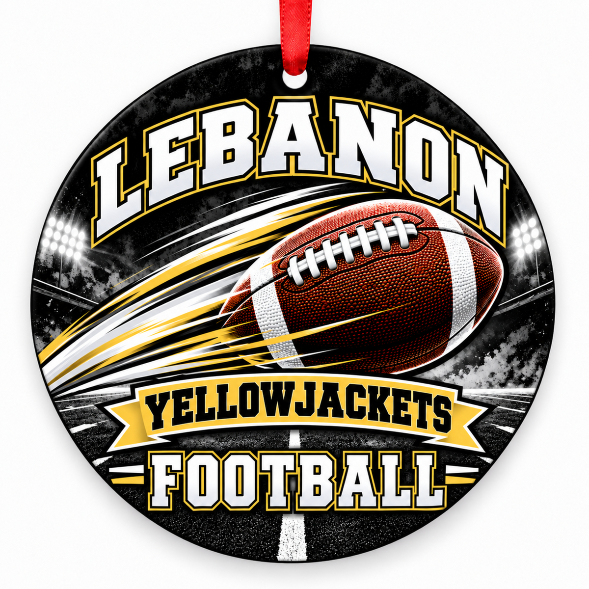 Lebanon Senior High School Yellowjackets Football in Motion Christmas ornament in black, gold and white with red ribbon