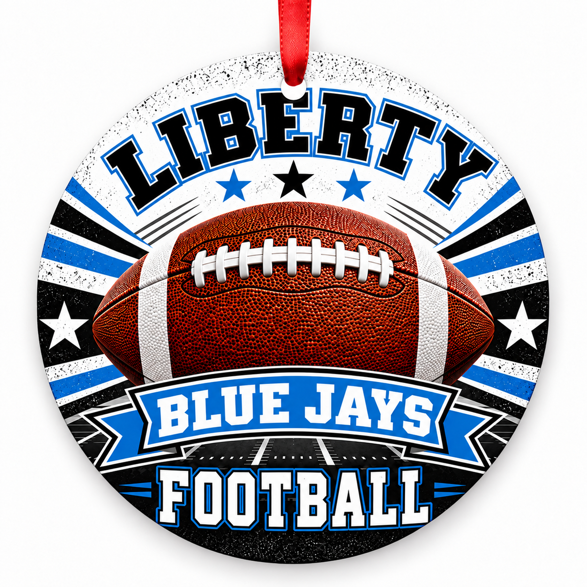 Liberty High School Blue Jays Classic Football Christmas ornament in blue, white and black with red ribbon
