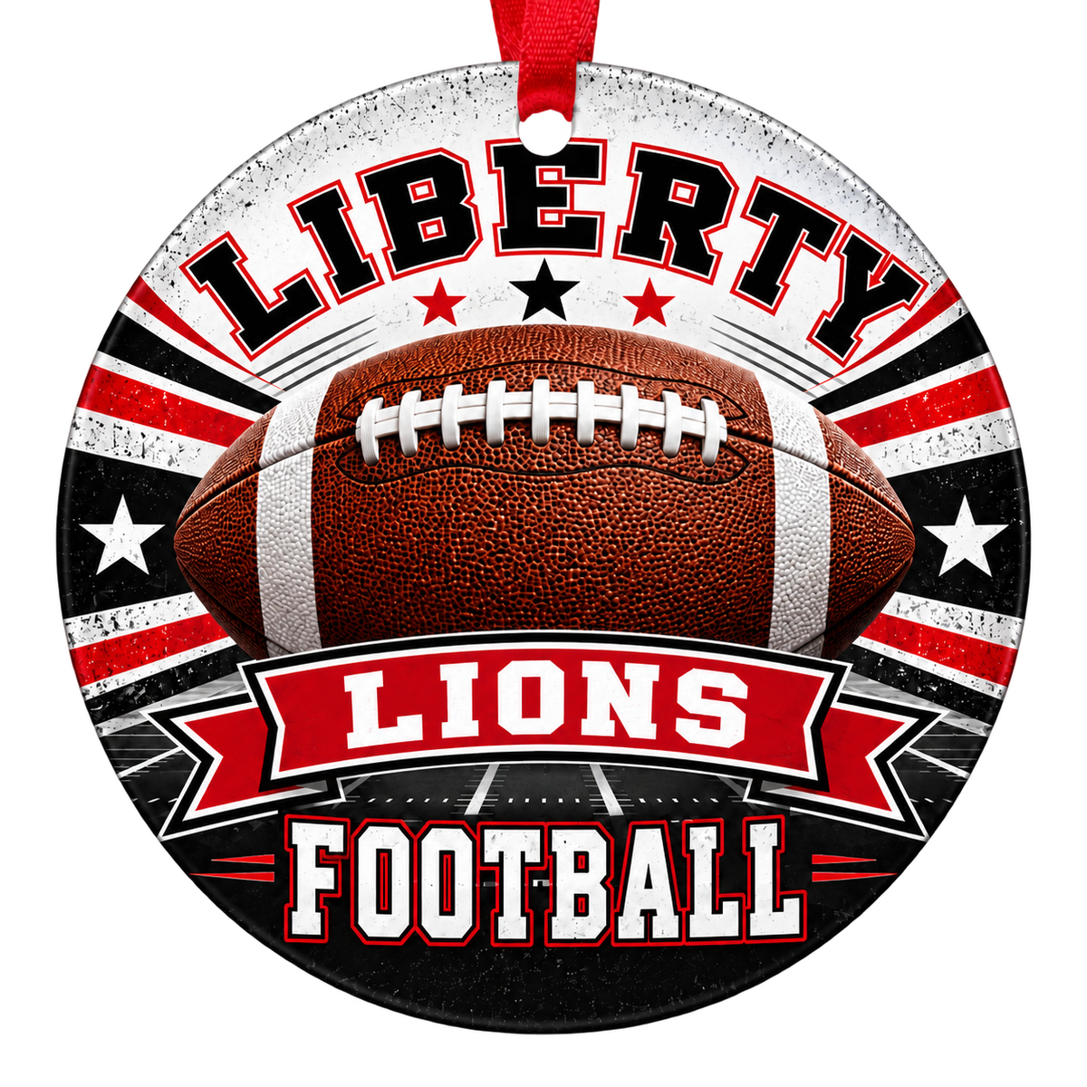 Liberty High School Lions football Christmas ornament in red and black, Peoria, Arizona