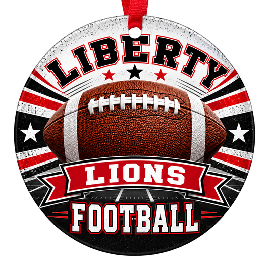 Liberty High School Lions football Christmas ornament in red and black, Peoria, Arizona