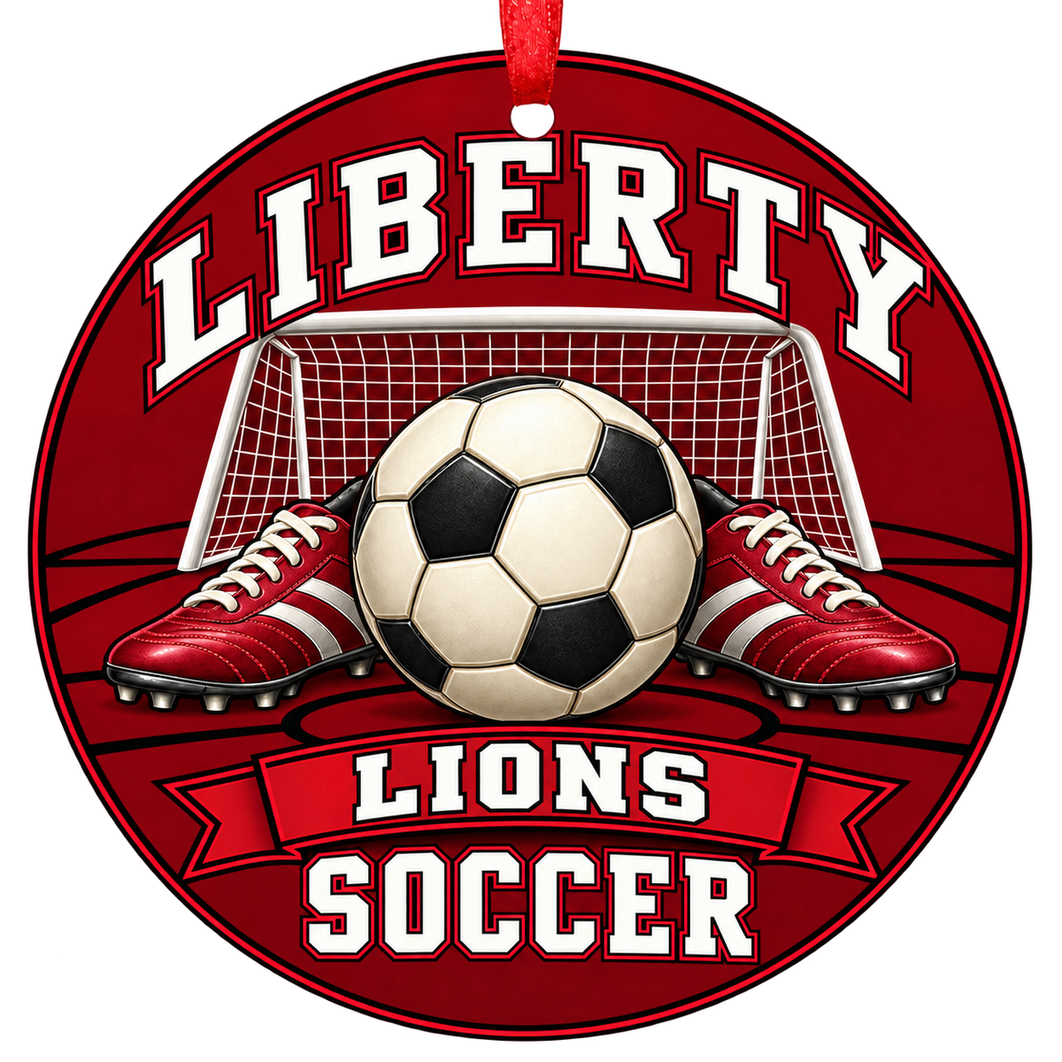 Liberty Lions soccer Christmas ornament, Goal and Cleats design, Peoria, Arizona