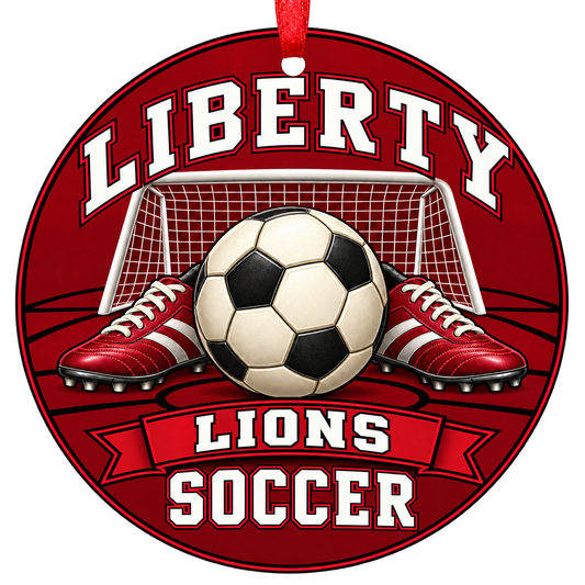 Liberty Lions soccer Christmas ornament, Goal and Cleats design, Peoria, Arizona