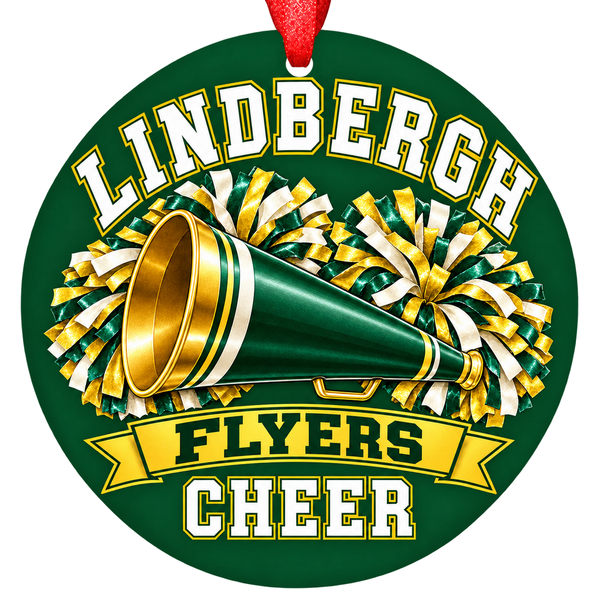 Lindbergh Flyers cheer Christmas ornament in green and gold