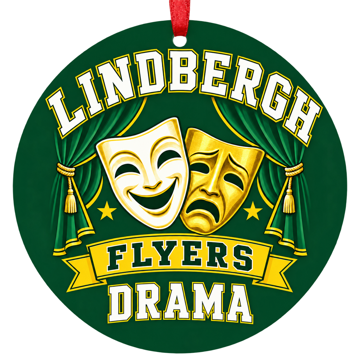 Lindbergh Flyers drama Christmas ornament in green and gold