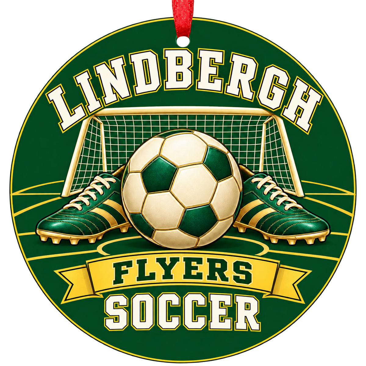 Lindbergh Flyers soccer Christmas ornament in green and gold