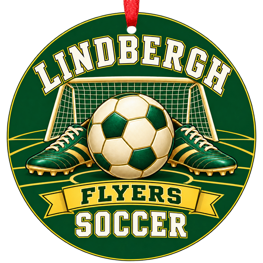 Lindbergh Flyers soccer Christmas ornament in green and gold