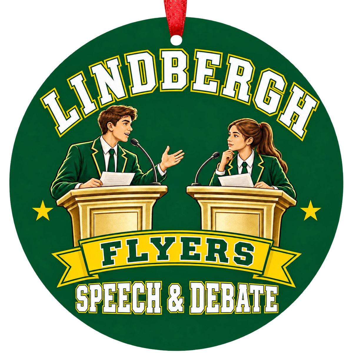 Lindbergh Flyers speech and debate Christmas ornament in green and gold