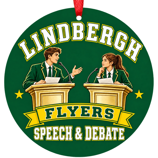 Lindbergh Flyers speech and debate Christmas ornament in green and gold