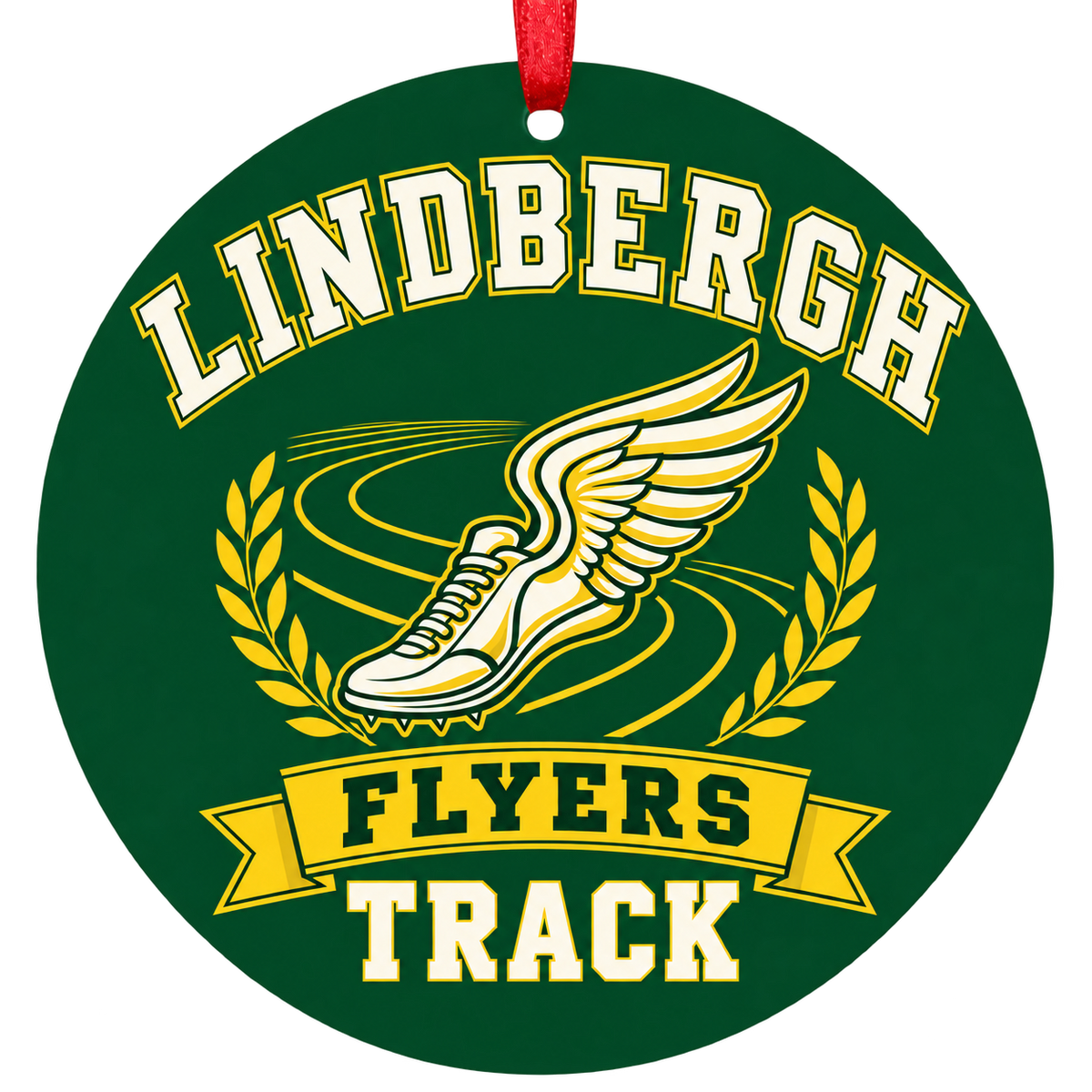 Lindbergh Flyers track Christmas ornament in green and gold