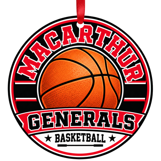 MacArthur Generals basketball Christmas ornament for Houston, Texas, with red ribbon
