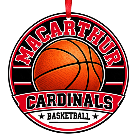 MacArthur Cardinals basketball Christmas ornament for Irving, Texas, in scarlet, white and black