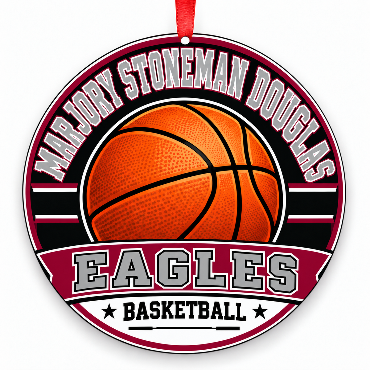 Marjory Stoneman Douglas High School Eagles basketball Christmas ornament in silver and burgundy with red ribbon, Parkland, Florida