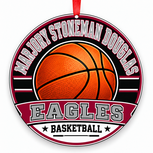 Marjory Stoneman Douglas High School Eagles basketball Christmas ornament in silver and burgundy with red ribbon, Parkland, Florida
