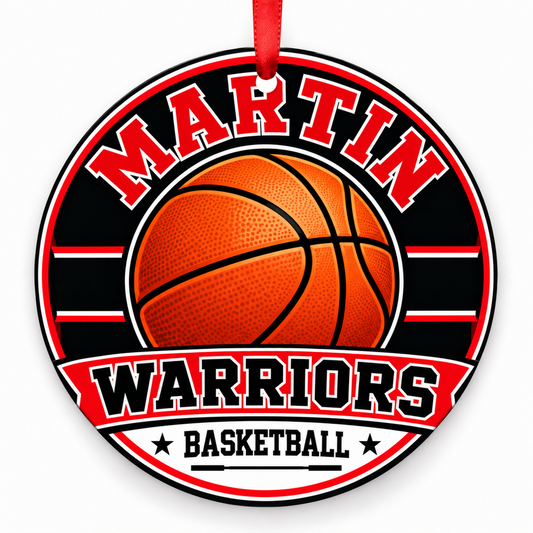 James Martin High School Warriors basketball Christmas ornament in red, black, silver and white with red ribbon, Arlington, TX