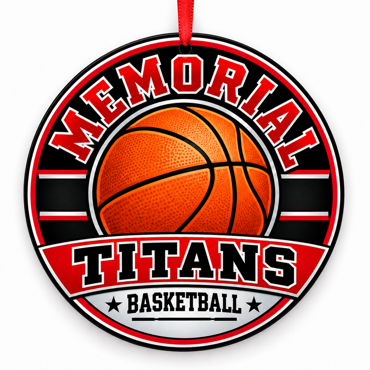Memorial High School Titans basketball Christmas ornament in red, black, and silver
