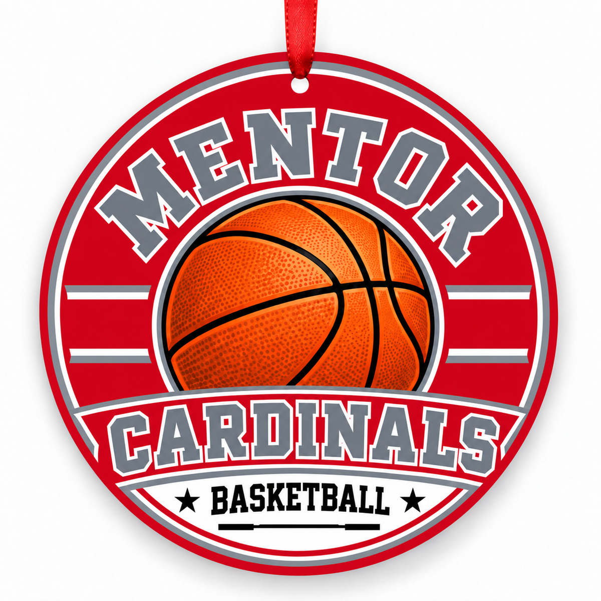 Mentor Cardinals basketball round ornament in scarlet and gray with red ribbon