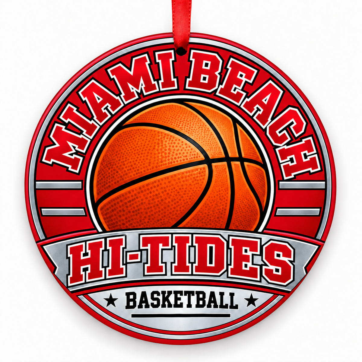 Miami Beach Senior High School Hi-Tides basketball Christmas ornament in scarlet and silver