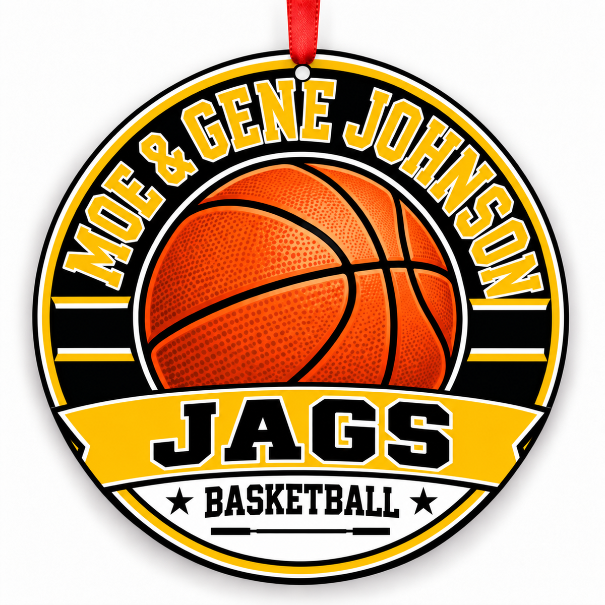 Moe & Gene Johnson High School Jags basketball Christmas ornament in black and gold with red ribbon, Buda, Texas