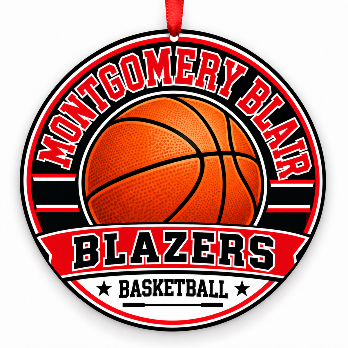 Montgomery Blair High School Blazers basketball Christmas ornament in red, white with red ribbon, Silver Spring, Maryland