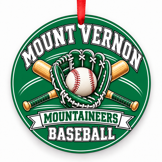 Mount Vernon Mountaineers Baseball Christmas ornament in green and white