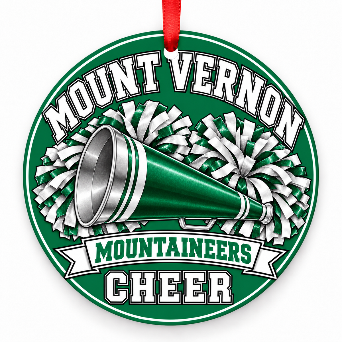 Mount Vernon Mountaineers Cheer Christmas ornament in green and white