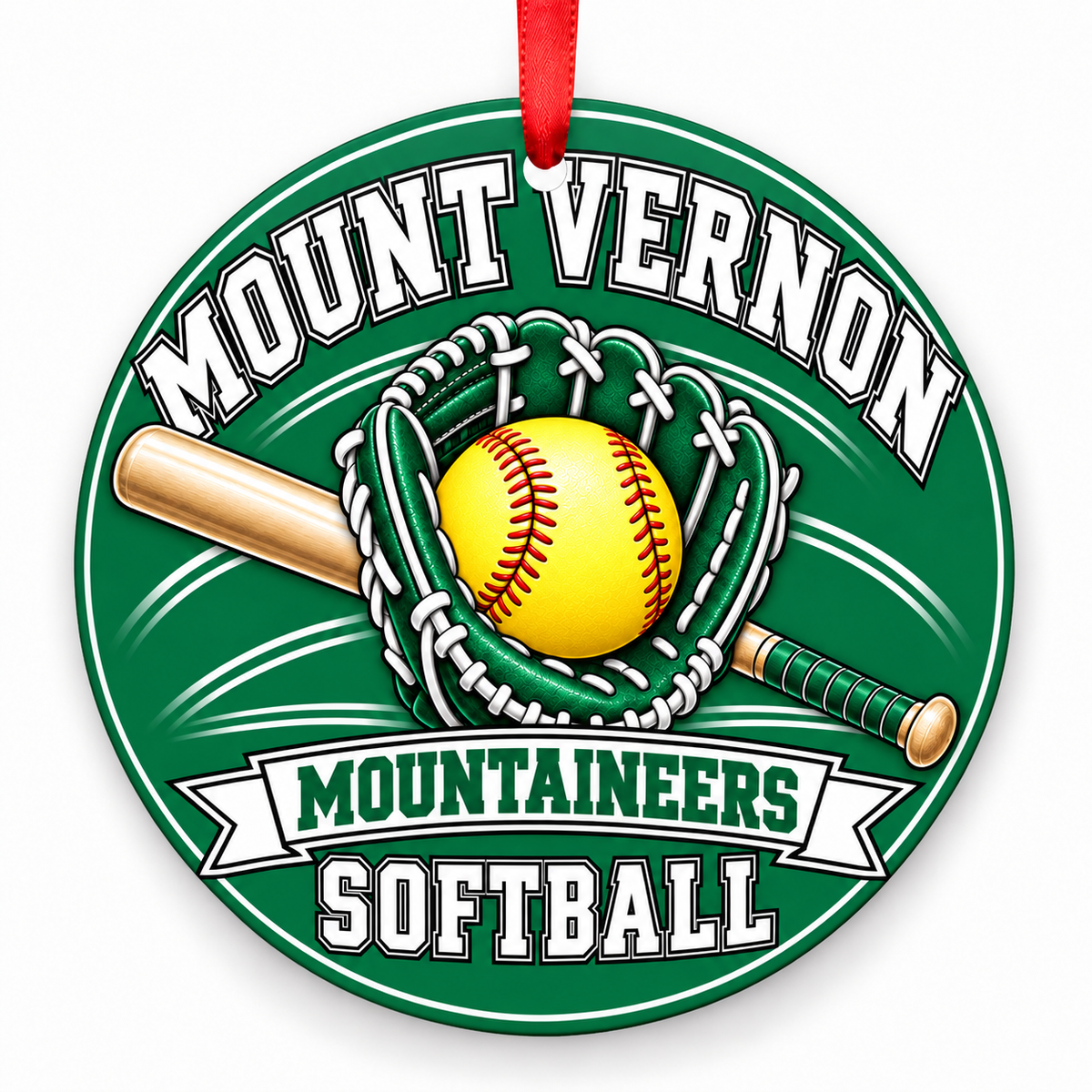 Mount Vernon Mountaineers Softball Christmas ornament in green and white