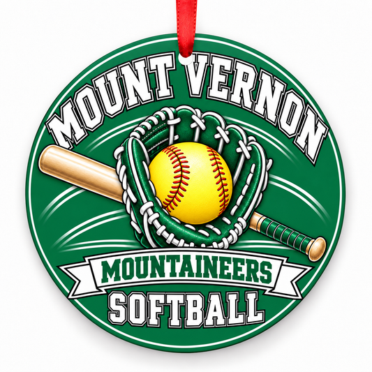 Mount Vernon Mountaineers Softball Christmas ornament in green and white