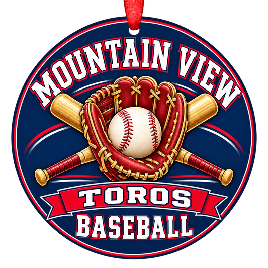 Mountain View Toros baseball Christmas ornament, Glove and Bats design, Mesa, Arizona
