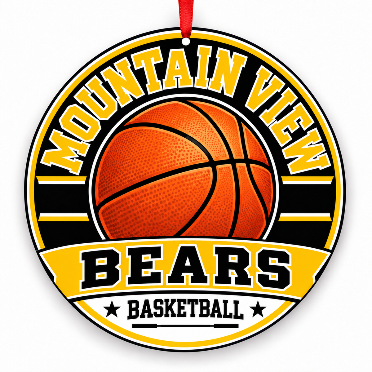 Mountain View High School Bears basketball ornament in black and gold with a red ribbon, Lawrenceville Georgia