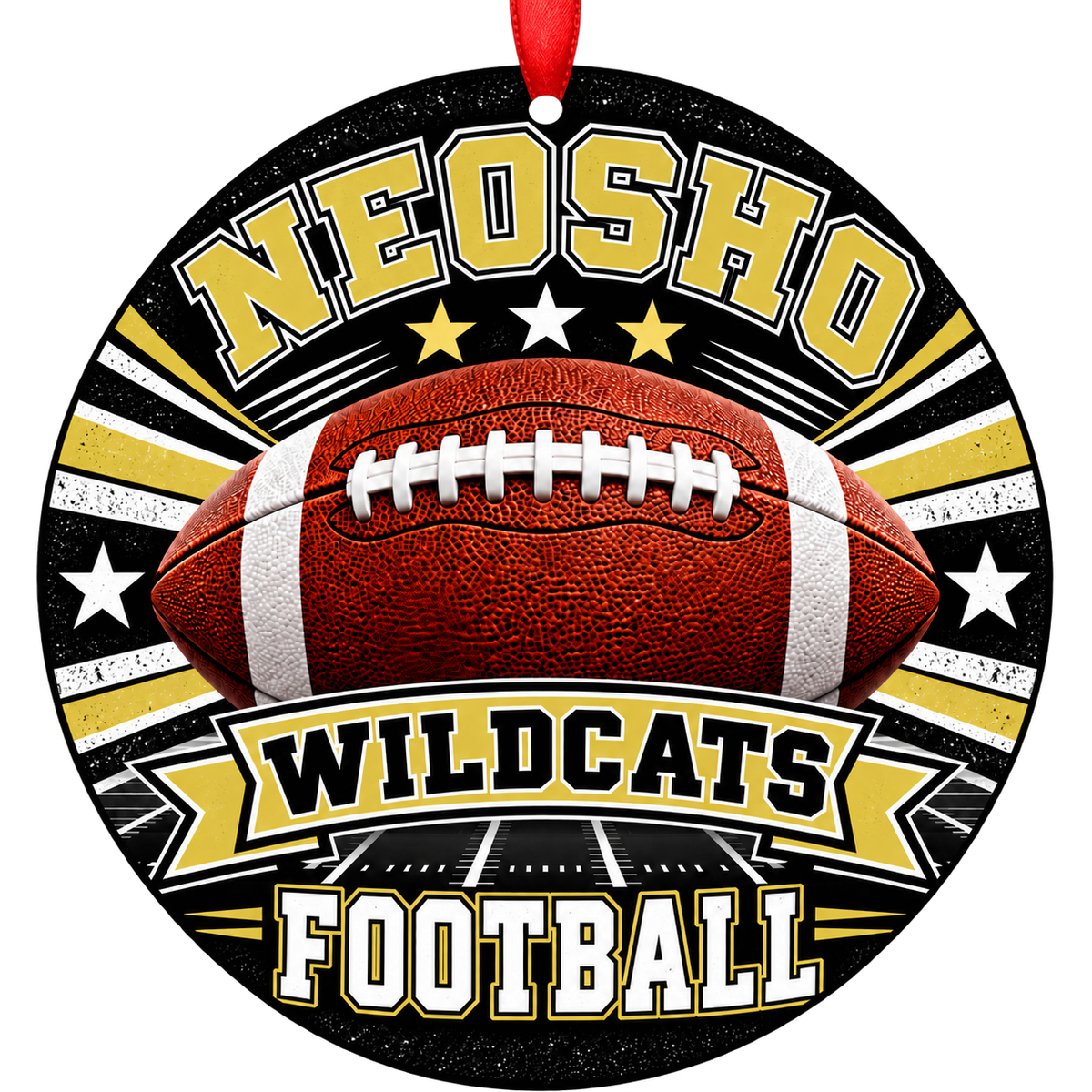 Neosho Wildcats Classic Football Christmas ornament in black and Vegas gold with red ribbon