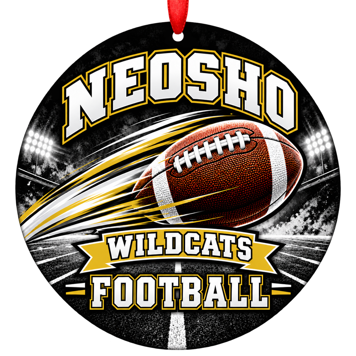 Neosho Wildcats Football in Motion Christmas ornament in black and Vegas gold with red ribbon