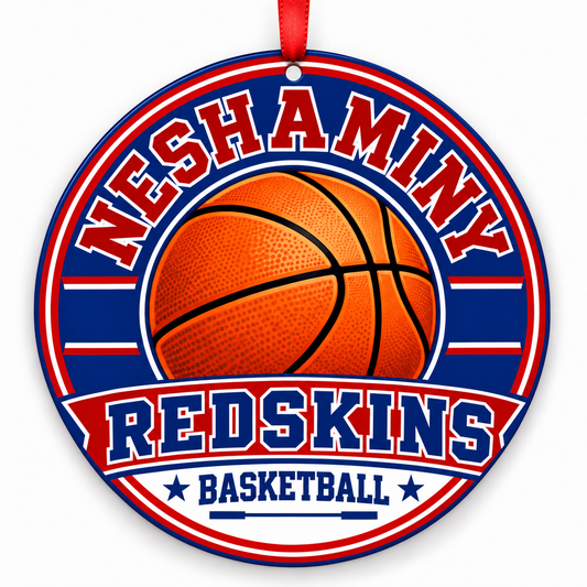 Neshaminy High School Redskins basketball Christmas ornament in red and blue with red ribbon, Langhorne, Pennsylvania
