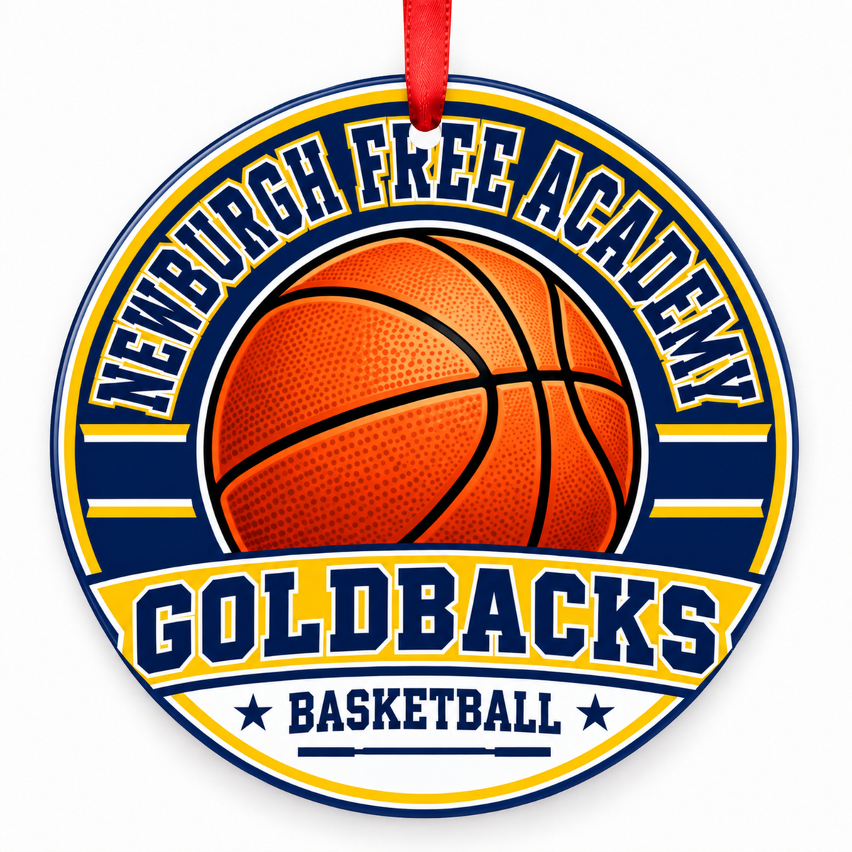 Newburgh Free Academy basketball Christmas ornament with Goldbacks wording in blue and gold, red ribbon, Newburgh, New York