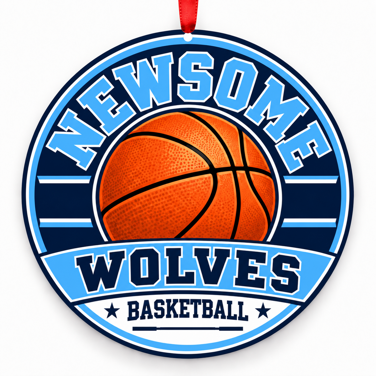 Newsome High School Wolves basketball Christmas ornament in navy, carolina blue, white with red ribbon, Lithia, Florida