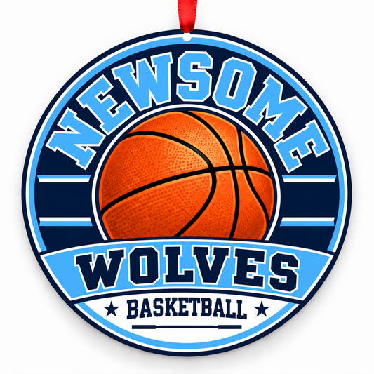 Newsome High School Wolves basketball Christmas ornament in navy, carolina blue, white with red ribbon, Lithia, Florida