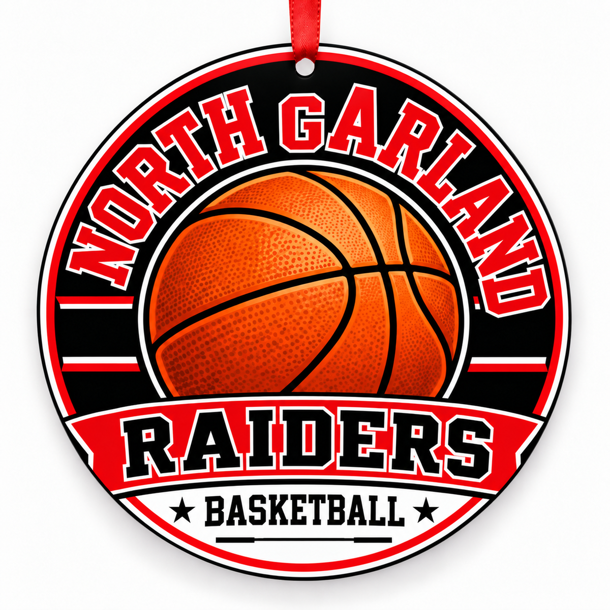 North Garland High School Raiders basketball Christmas ornament in red and black with red ribbon, Garland, Texas