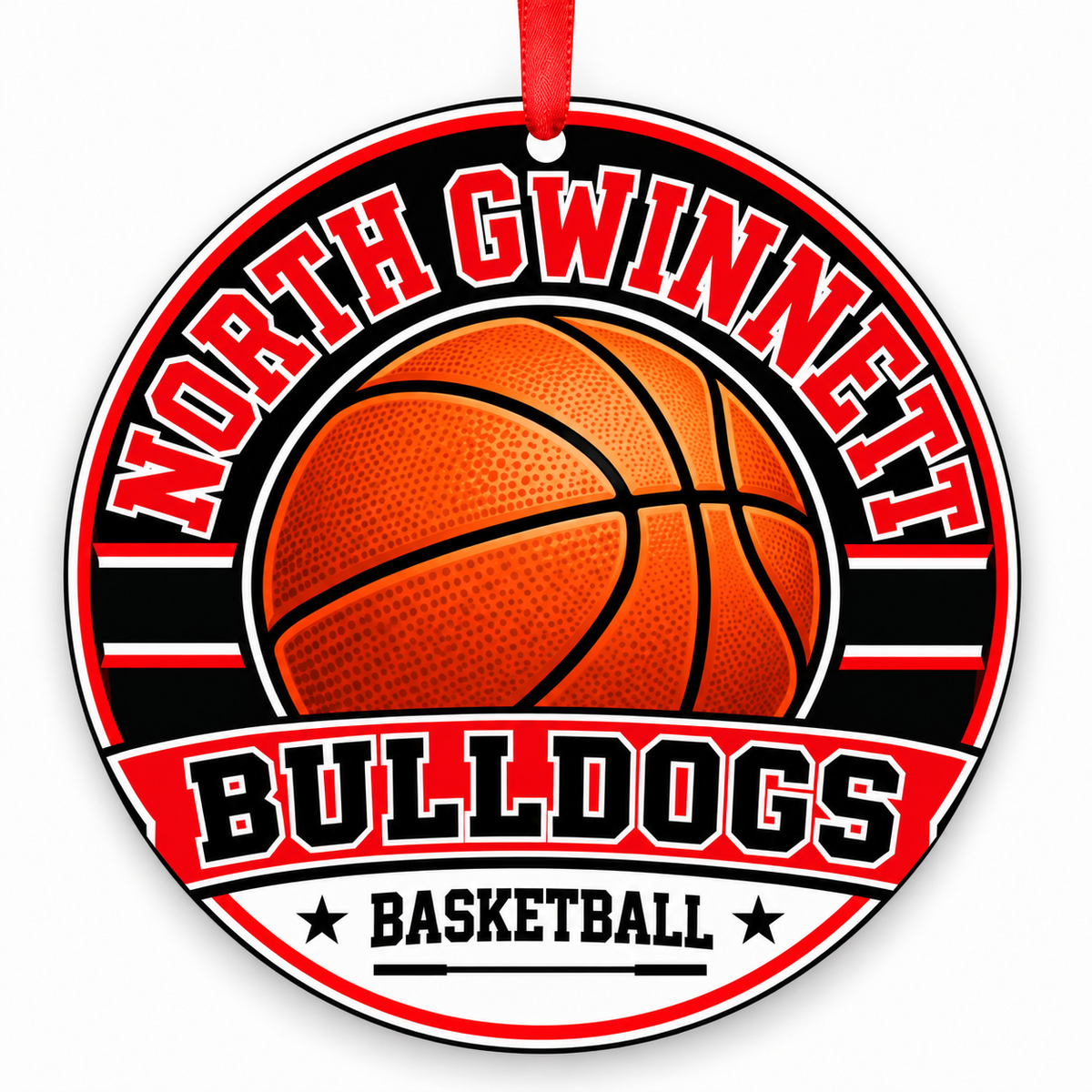 North Gwinnett High School Bulldogs basketball Christmas ornament in red, black, white with red ribbon, Suwanee, Georgia