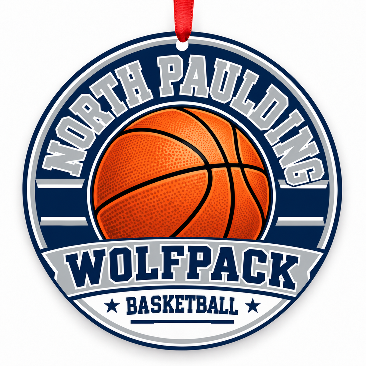 North Paulding High School Wolfpack basketball Christmas ornament in navy and silver with red ribbon, Dallas, Georgia