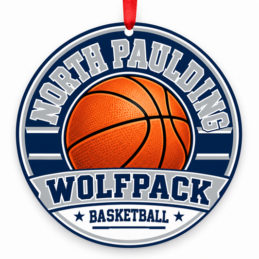 North Paulding High School Wolfpack basketball Christmas ornament in navy and silver with red ribbon, Dallas, Georgia